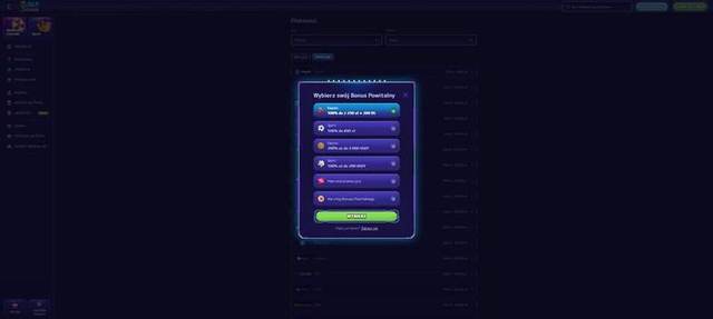 Wybór bonusu powitalnego podczas rejestracji w ALF Casino