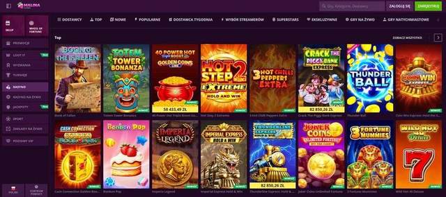 Lobby Malina Casino z sekcją Top gier i filtrami kategorii