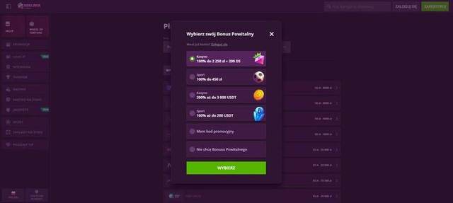 Wybór bonusu powitalnego podczas rejestracji w Malina Casino