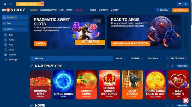 Lobby Mostbet Casino z sekcją Najlepsze gry i filtrami wyszukiwania