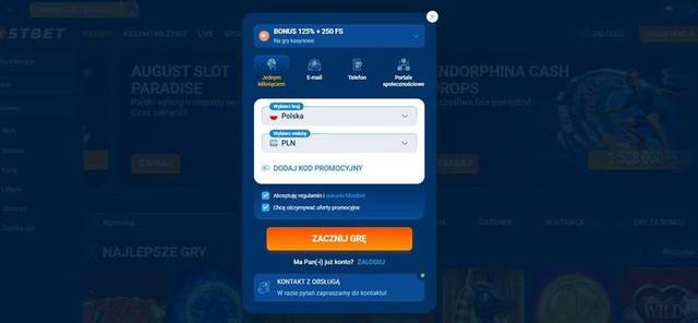 Formularz rejestracji Mostbet z wyborem kraju Polska i waluty PLN