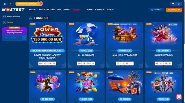 Sekcja turniejów Mostbet Casino z aktywnymi pulami nagród i licznikami czasu